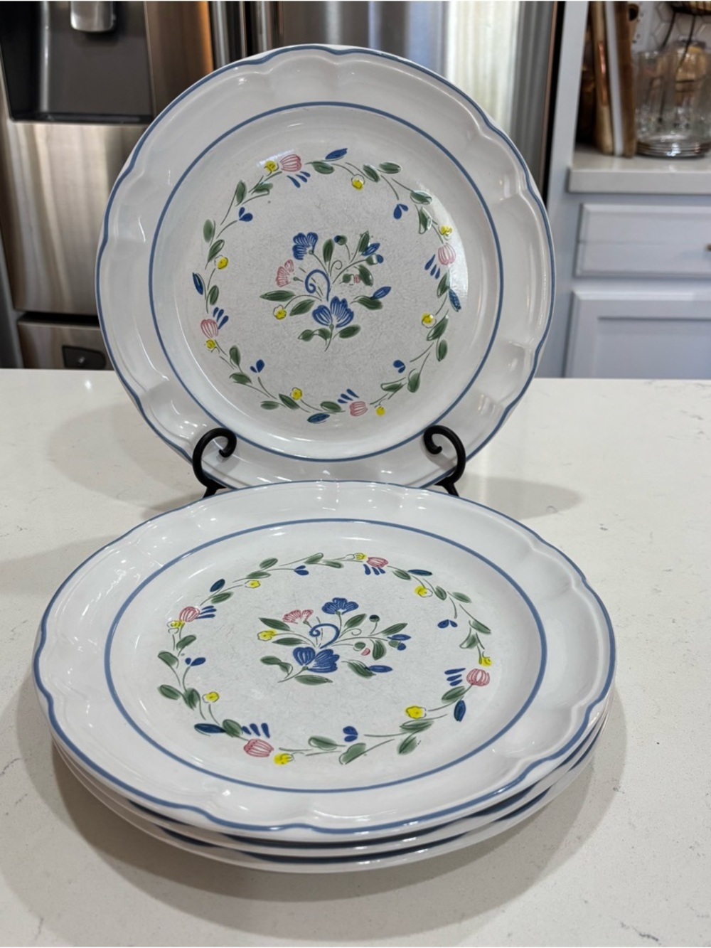 Hand-Painted Floral Stoneware Dinner Plates - White with Blue, Green & Pink